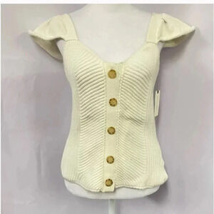 Anthropologie Knit Sweater Tank Top Sz XS Button Front Flutter Sleeve Ivory